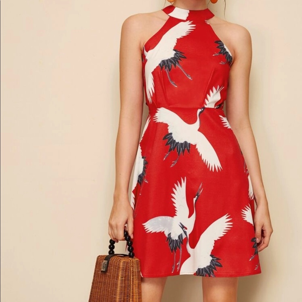 Red Halter Crane Print Dress